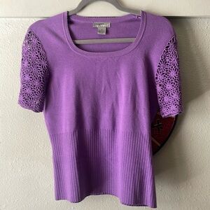 Vintage Designers originals purple knit short sleeve sweater with crochet detail